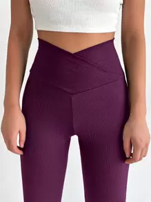 SHEIN Cottnline Solid Wideband Waist Leggings - Burgundy - View 3