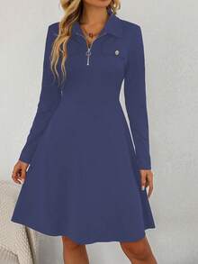 SHEIN LUNE Long Sleeve Turn-down Collar Waist Cinched Dress - Blue - View 4