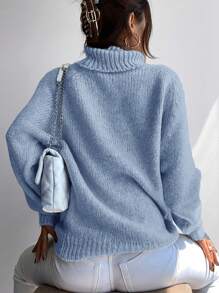 RueChic Jersey cuello alto de manga raglán tejido de canalé - Azul - Ver 2