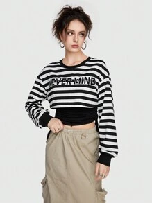 ROMWE Grunge Punk Sudadera De Manga Larga Con Cuello Redondo Y Rayas Para Mujer