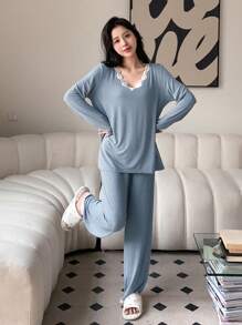 DAZY Lace Patchwork Long Sleeve Pajama Set - Baby Blue - View 3
