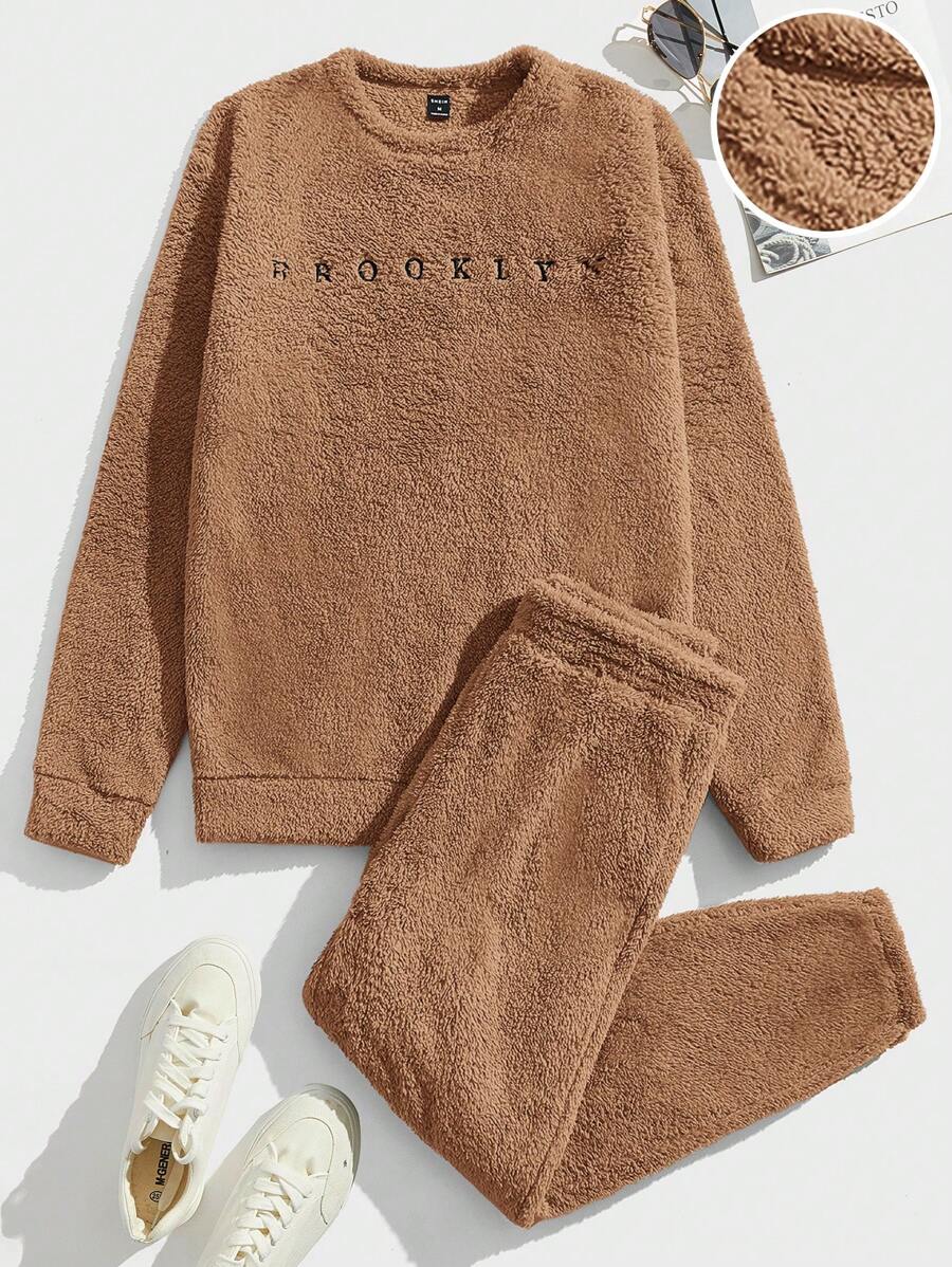 GENTILAND 男士毛絨字母刺繡 2 件套 - 卡其色 - 查看 1