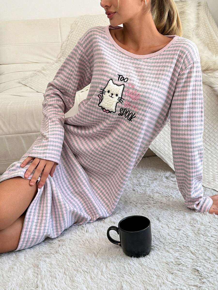 RueChic Letter & Cartoon Embroidery Striped Nightdress - Pink - View 1