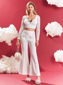 Enchnt Women's Lace Patchwork Cropped Top With Sweetheart Neckline - White - View 3