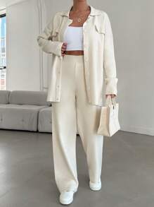 Ladies' Pure Color Two Piece Set Including Top And Pants/sweater Saying 'you Look Good' - Apricot - View 3