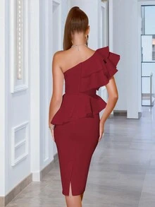 Một bờ vai Nếp may phóng đại Tách rời Băng bó Quần bó Đầm tiệc rượu - Màu Đỏ Sâu - Xem 2