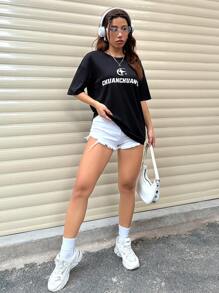 SHEIN Unity Của phụ nữ Lá thư In Ngắn tay Áo thun - màu đen - Xem 6