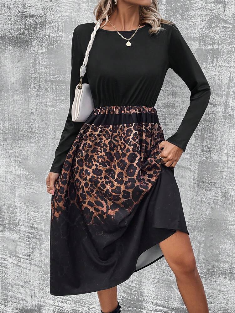 EMERY ROSE Women's Round Neck Black Leopard Print Patchwork Dress - Multicolor - View 3