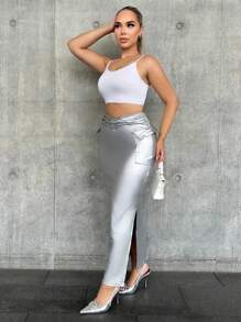 Zolique 女裝金屬褶皺高腰v形修身裙 - 銀色 - 查看 3