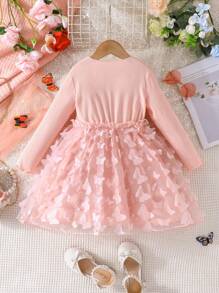 SHEIN Little Girls' Long Sleeve Butterfly Applique Mesh Dress - Pink - View 2