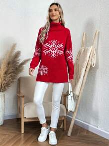 SHEIN LUNE 女款高領雪花圖案插肩袖毛衣 - 紅色 - 查看 5