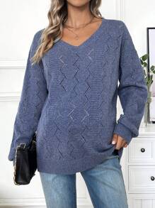 SHEIN Maternity V-Neck Drop Shoulders Sweater, For Winter - Dusty Blue - View 6