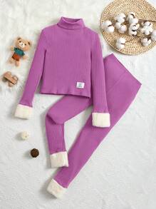 SHEIN Tween 女童罗纹针织毛绒立领长袖 T 恤和裤子两件套 - 紫丁香色 - 查看 1