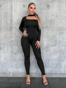 VaVaBold Women's Asymmetric Neckline Tight Jumpsuit - Black - View 1