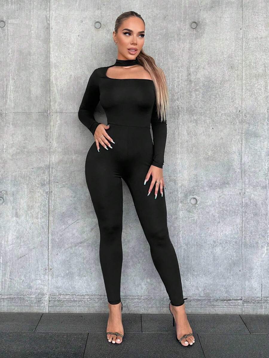 VaVaBold Women's Asymmetric Neckline Tight Jumpsuit - Black - View 1