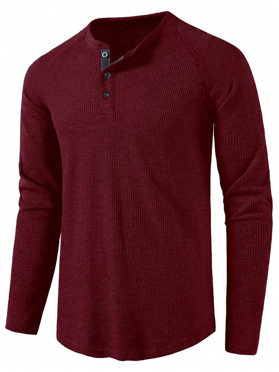 Manfinity Homme Camiseta de manga raglán con botones a la mitad, otoño - Burdeos - Ver 1