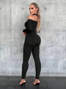 VaVaBold Women's Asymmetric Neckline Tight Jumpsuit - Black - View 2