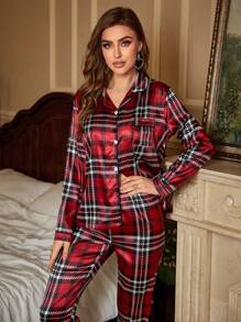 Plaid Print Satin PJ Set / Pajama Set - Red - View 5