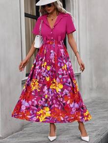 SHEIN Clasi Floral Printed Belted Shirt Dress - Hot Pink - View 3