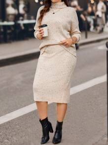 SHEIN LUNE Plus Size High Neck Drop Shoulder Sleeve Sweater And Skirt Set