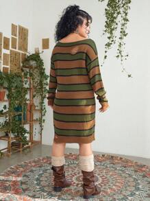 ROMWE PUNK Plus Size Striped Sweater Dress With Drop Shoulder And Distressed Detail - Multicolor - View 2