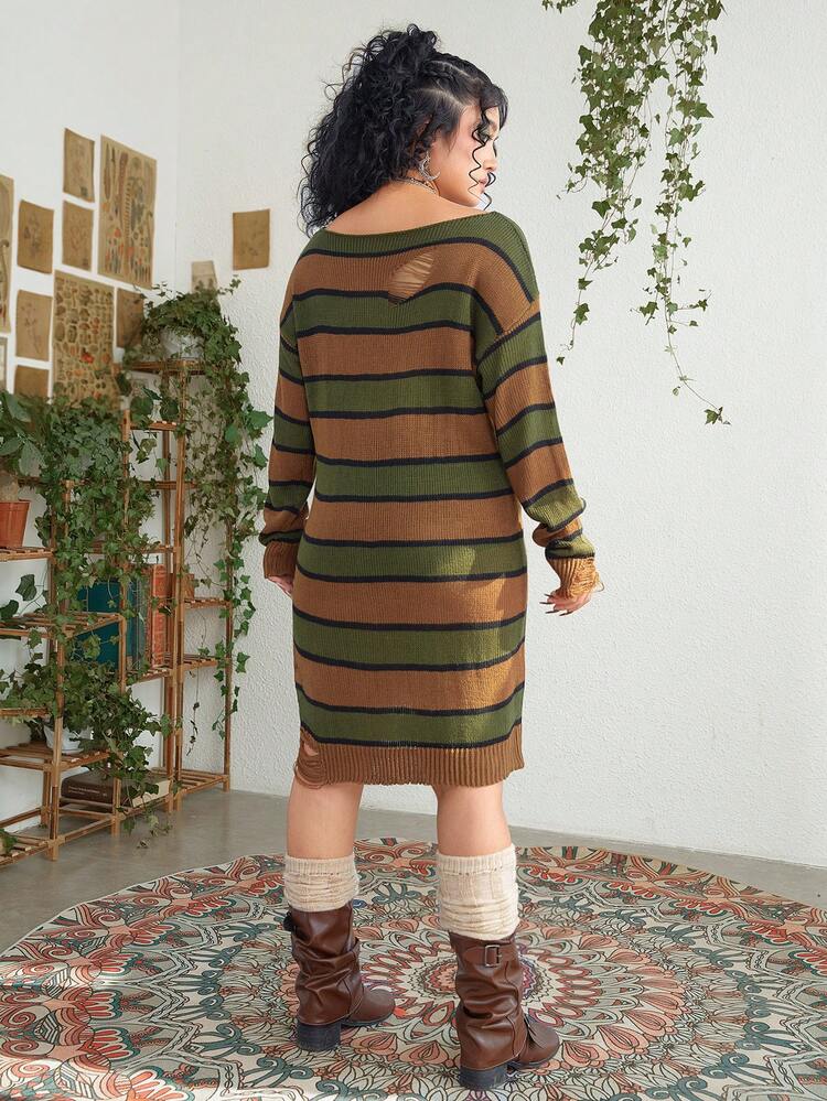 Plus Size Striped Sweater Dress With Drop Shoulder And Distressed Detail