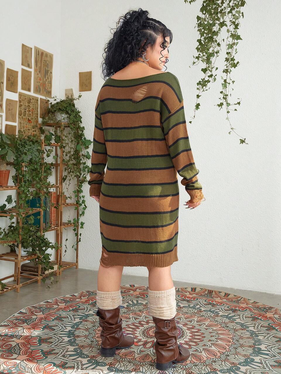 Plus Size Striped Sweater Dress With Drop Shoulder And Distressed Detail