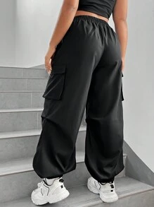 SHEIN EZwear 女款黑色梭織工裝褲 - 黑色 - 查看 6