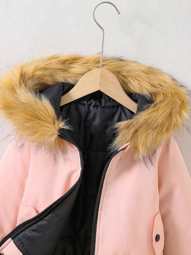 Young Girl Spliced Collar Zip Front Parka, Winter