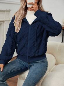 EMERY ROSE Textured Plush Hooded Jacket - Navy Blue - View 4