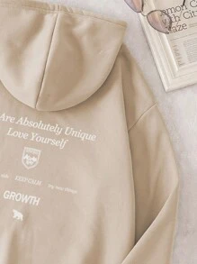 SHEIN EZwear Áo nỉ có mũ Với Mẫu , Giải trí Phong cách - Màu Khaki - Xem 6