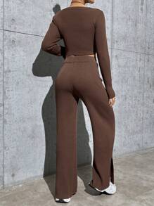 Flirla Women's Zipper Front Cardigan And Drawstring Waist Flare Leg Knit Pants 2 Piece Set - Coffee Brown - View 2