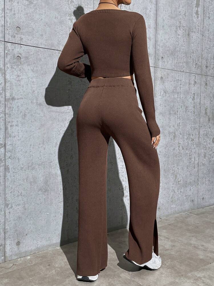 Women's Zipper Front Cardigan And Drawstring Waist Flare Leg Knit Pants 2 Piece Set