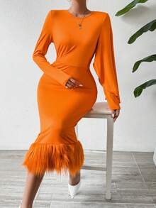 SHEIN Privé 女款純色圓領長袖拼縫開衩連身裙 - 亮橙色 - 查看 5