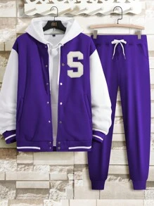 Aesthetic Post--Men's Color Block Letter Print Jacket And Pants Two Piece Set - Purple - View 2