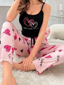 Women's Heart Print Cami Top And Pants Pajama Set - Multicolor - View 3