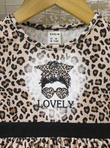 SHEIN Baby Girl Leopard & Letter Graphic Contrast Lace Ruffle Hem Dress - White - View 6
