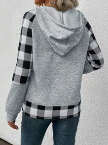 SHEIN LUNE Women's Hooded Sweatshirt, Plaid Patchwork, Raglan Sleeve Pullover Fall Sweatshirt - Grey - View 2