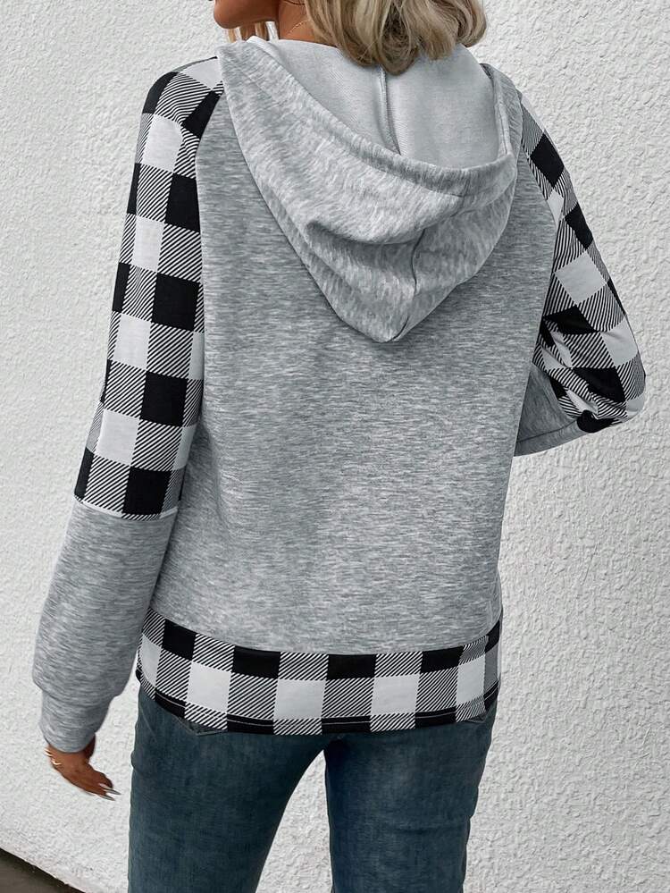 Women's Hooded Sweatshirt, Plaid Patchwork, Raglan Sleeve Pullover Fall Sweatshirt
