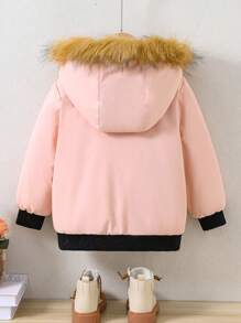 SHEIN Little Girls' Spliced Collar Zip Front Parka, Winter - Dusty Pink - View 2