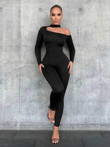 VaVaBold Women's Asymmetric Neckline Tight Jumpsuit - Black - View 4