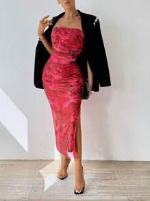 Chiquease 女士花卉印花高開叉無肩帶連衣裙 - 紅色 - 查看 5