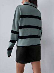 EURMUSE Jersey con patrón de rayas con cremallera media de hombros caídos - Gris - Ver 4
