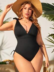 SHEIN Swim Curve Kích thước lớn Của phụ nữ Xù Không lưng Đồ bơi một mảnh - màu đen - Xem 3