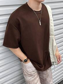 Manfinity Hypemode 男士宽松圆领纯色落肩短袖 T 恤，韩版时尚，适合外出 - 棕色 - 查看 3