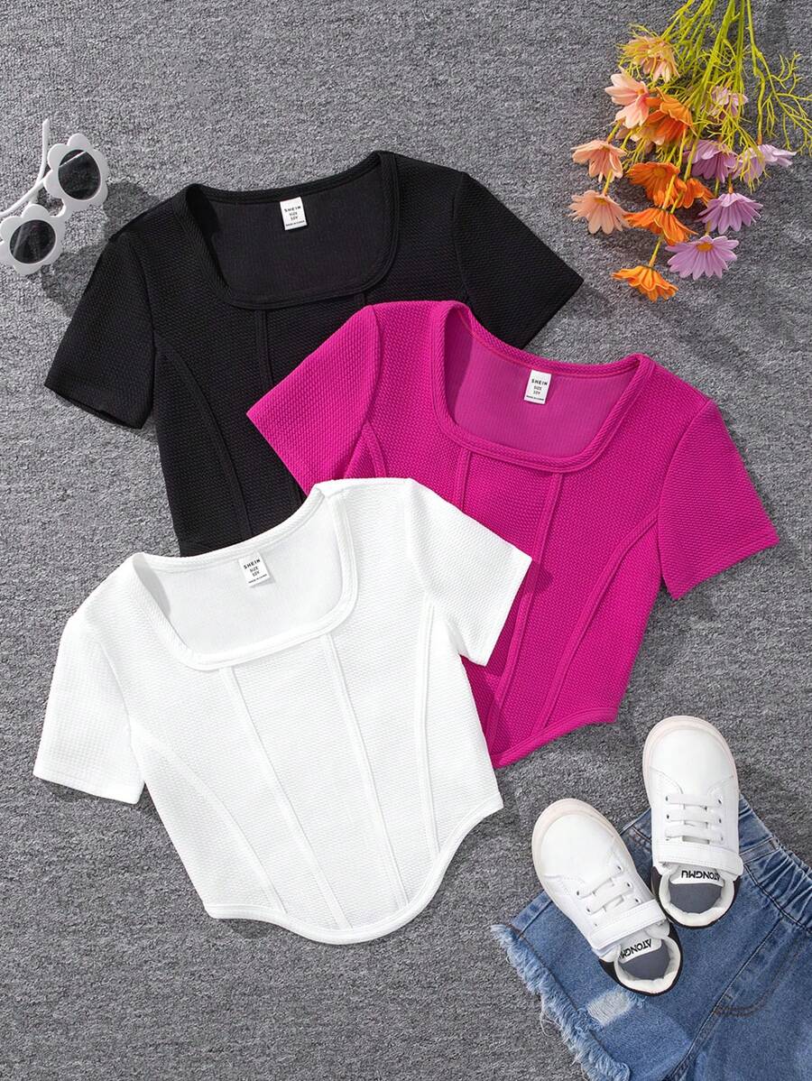 Bộ 3 áo thun dệt kim tay ngắn cổ vuông màu trơn thời trang cho bé gái tuổi teen. - Nhiều màu - Xem 1