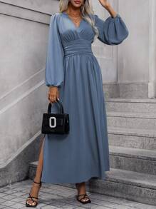 EMERY ROSE Đầm Maxi xẻ tà cao tay đèn lồng màu trơn dành cho nữ Trang phục mùa thu vải dành cho nữ - Màu xanh bụi bặm - Xem 7