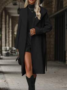 SHEIN LUNE 女式純色連帽毛呢大衣配腰帶