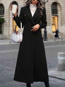 SHEIN Clasi Long Woolen Coat With Pointed Lapel Collar And Double-breasted Buttons - Black - View 6