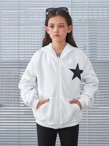 SHEIN Tween Girl Star Print Drop Shoulder Sweatshirt - White - View 4